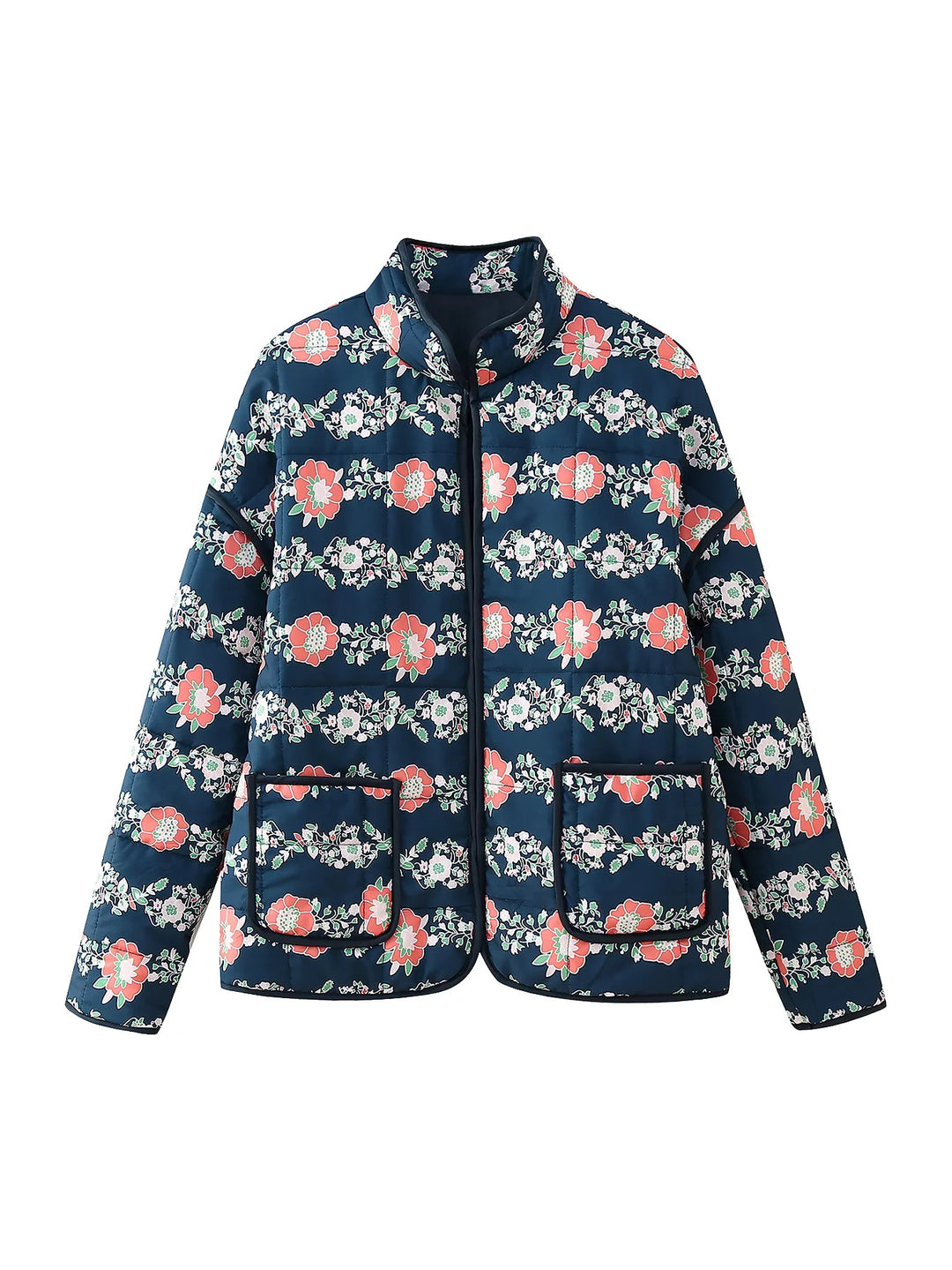 Women's quilted floral jacket with stand-up collar, zipper, and patch pockets Mune Fashion