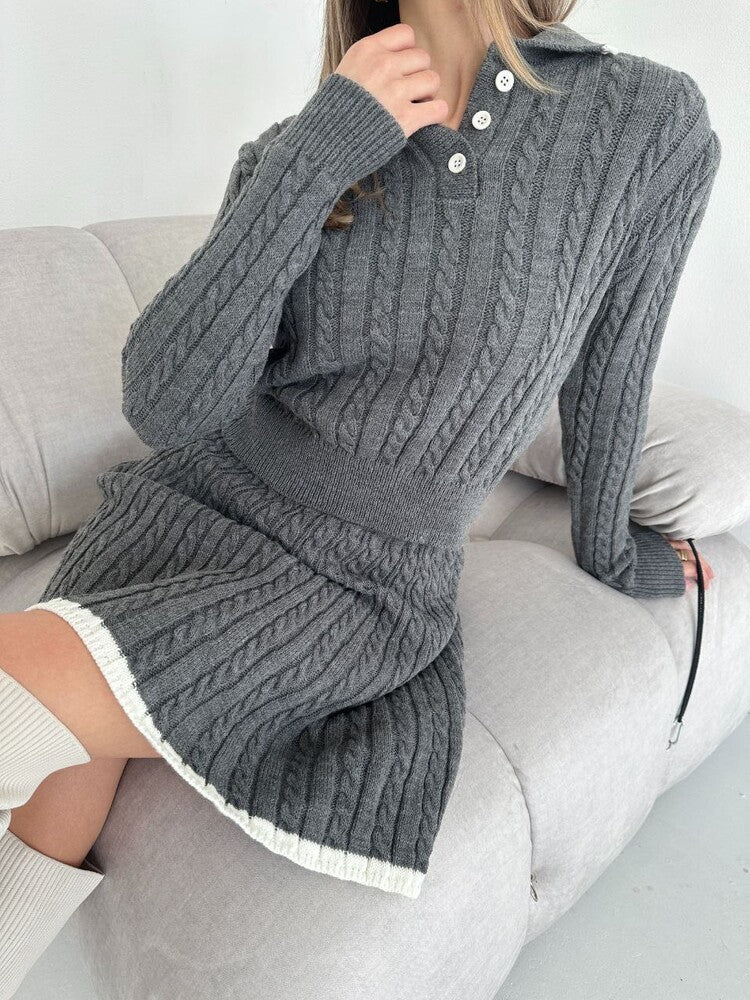 Women Two-Piece Cable Knit Dress with Waistband and Polo Collar Mune Fashion