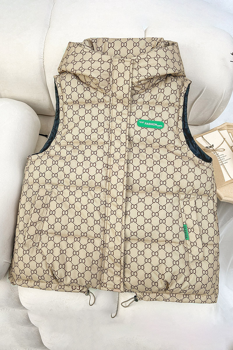 Women's quilted hooded vest with all-over logo print, padded insulation, adjustable hem, and concealed zip pockets Mune Fashion