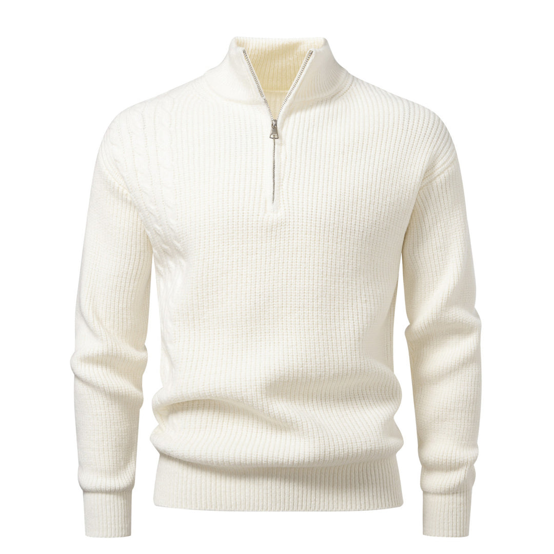 Men's fine-knit half-zip pullover with standing collar, ribbed structure and shoulder braid detail Mune Fashion