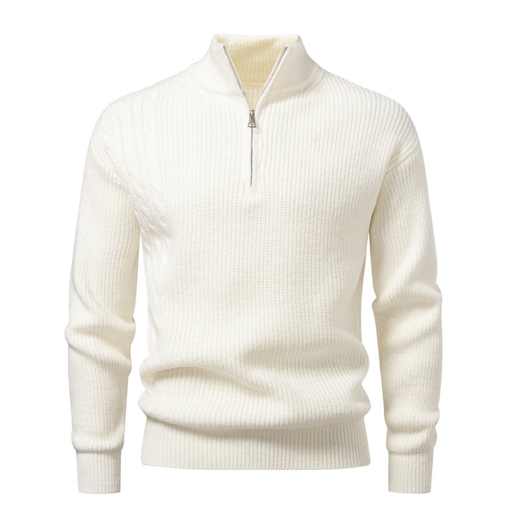 Men's fine-knit half-zip pullover with standing collar, ribbed structure and shoulder braid detail Mune Fashion