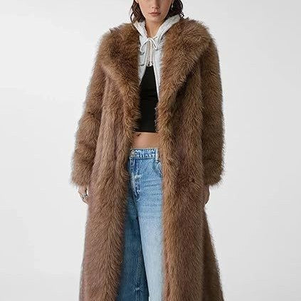 Women's Elegant Maxi Faux Fur Coat with Wide Shawl Collar and Straight Cut Mune Fashion