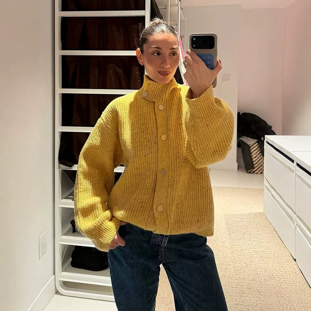 Women Oversize Cardigan with Rib Structure and Stand-Up Collar Mune Fashion