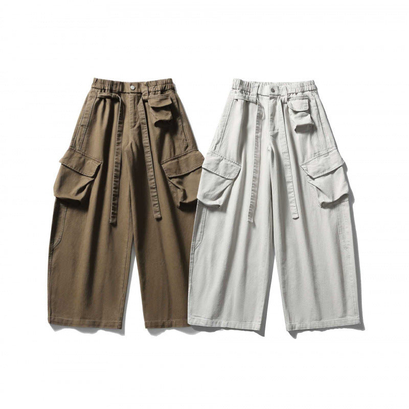 Unisex Wide Cargo Cropped Pants with High Elastic Waistband, Multiple Pockets and Drawstring Mune Fashion