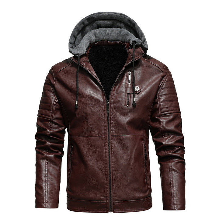 Men's hooded leather jacket with faux fur lining and quilted sleeve structure Mune Fashion