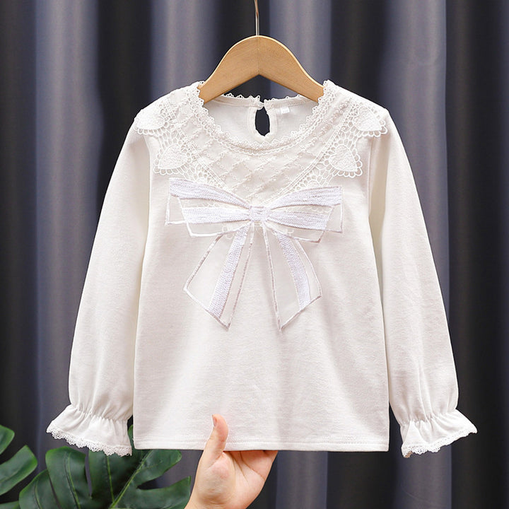 Girl Long Sleeve Blouse with Lace Trim and Bow Detail Mune Fashion