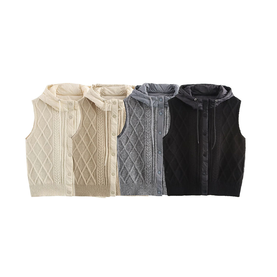 Women's knitted vest with padded hood, standing collar, and cable pattern Mune Fashion