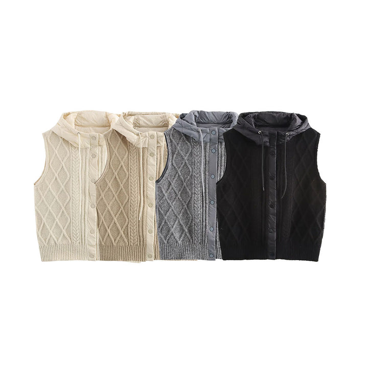 Women's knitted vest with padded hood, standing collar, and cable pattern Mune Fashion
