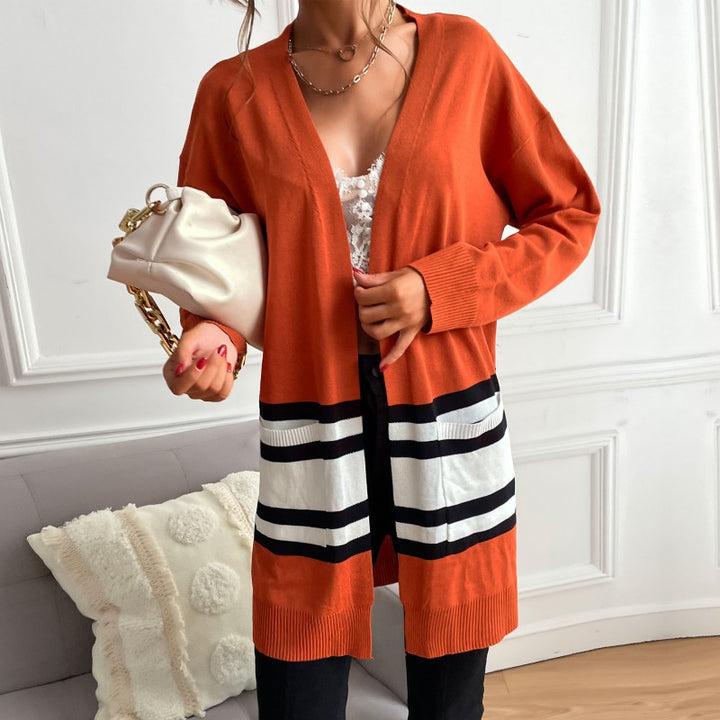 Women's Longline Cardigan with Contrast Stripes, Patch Pockets & Ribbed Cuffs Mune Fashion