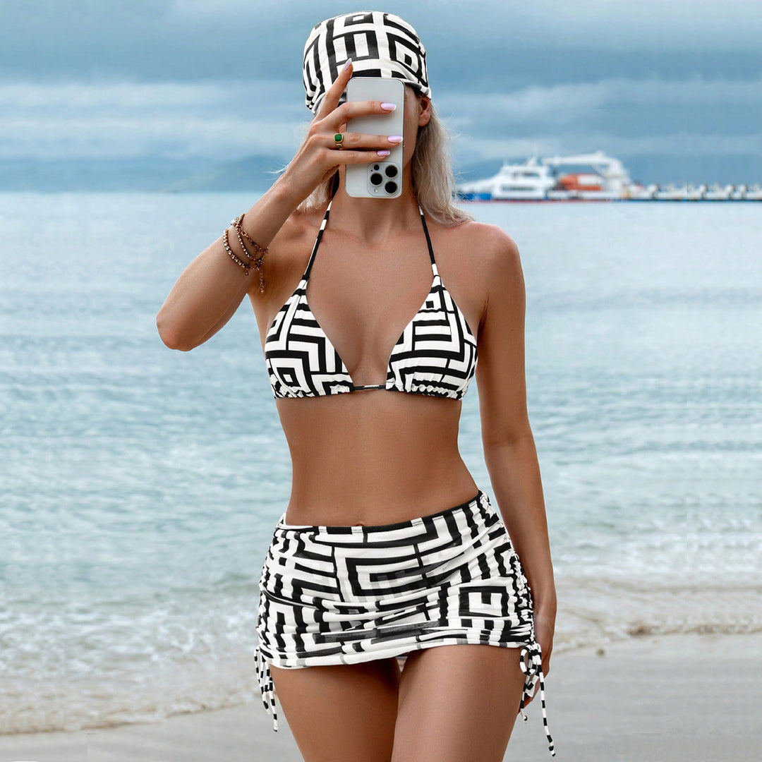 Women's Triangle Bikini with Wrap Skirt and Graphic Pattern Mune Fashion