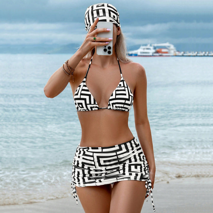 Women's Triangle Bikini with Wrap Skirt and Graphic Pattern Mune Fashion