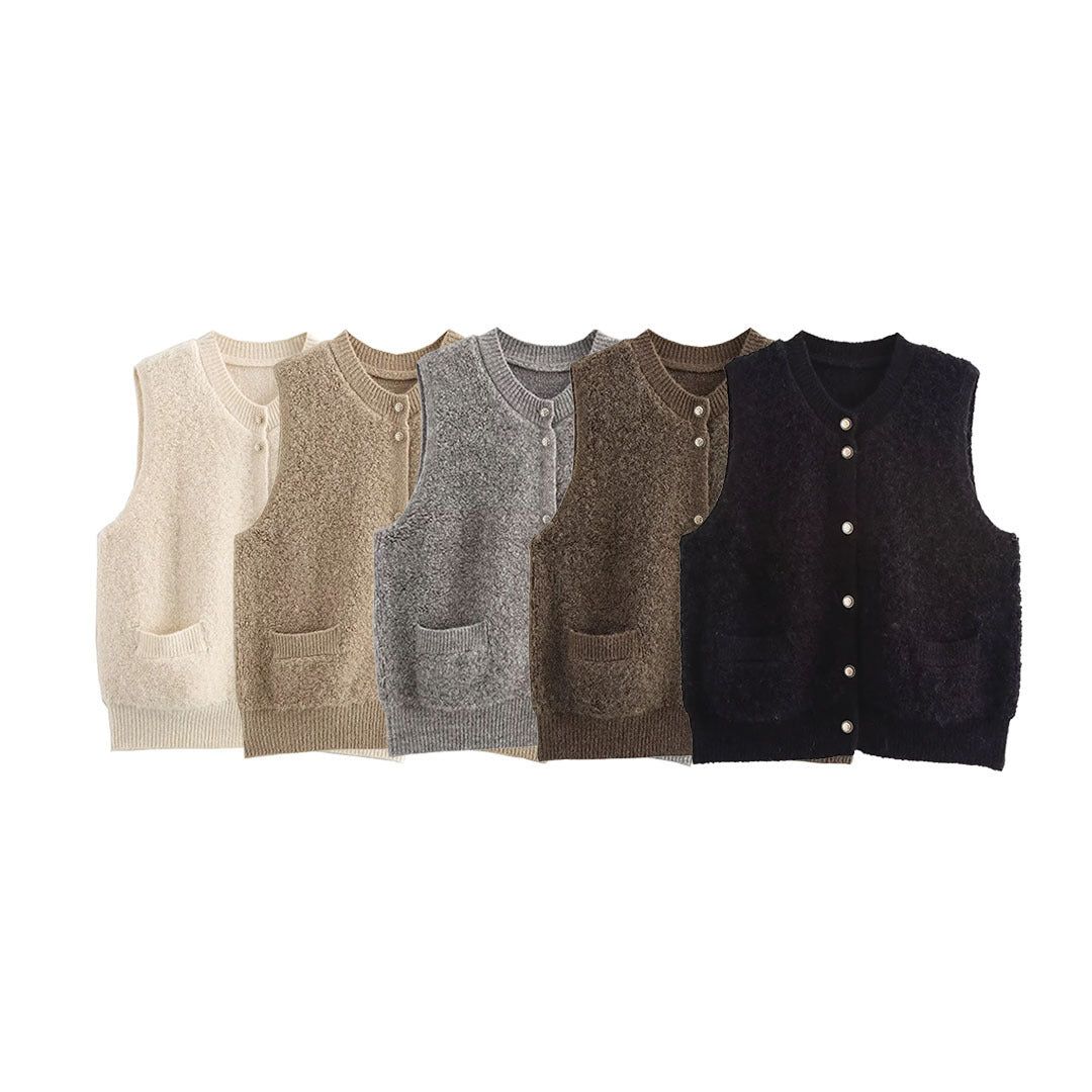 Ladies Sleeveless Teddy Vest with Button Placket and Patch Pockets Mune Fashion