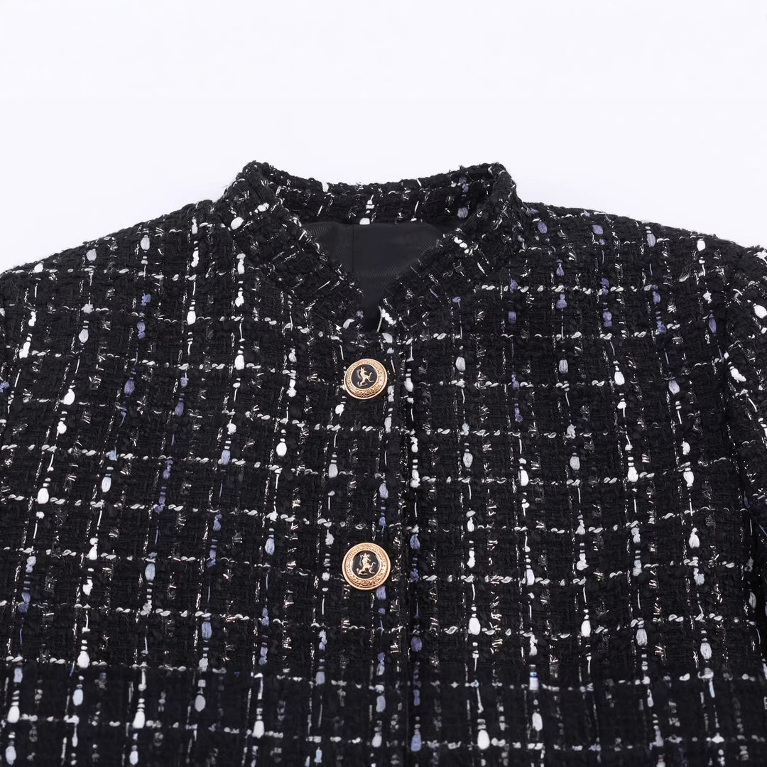 Women's casual tweed jacket with stand-up collar, decorative buttons, and patch pockets Mune Fashion