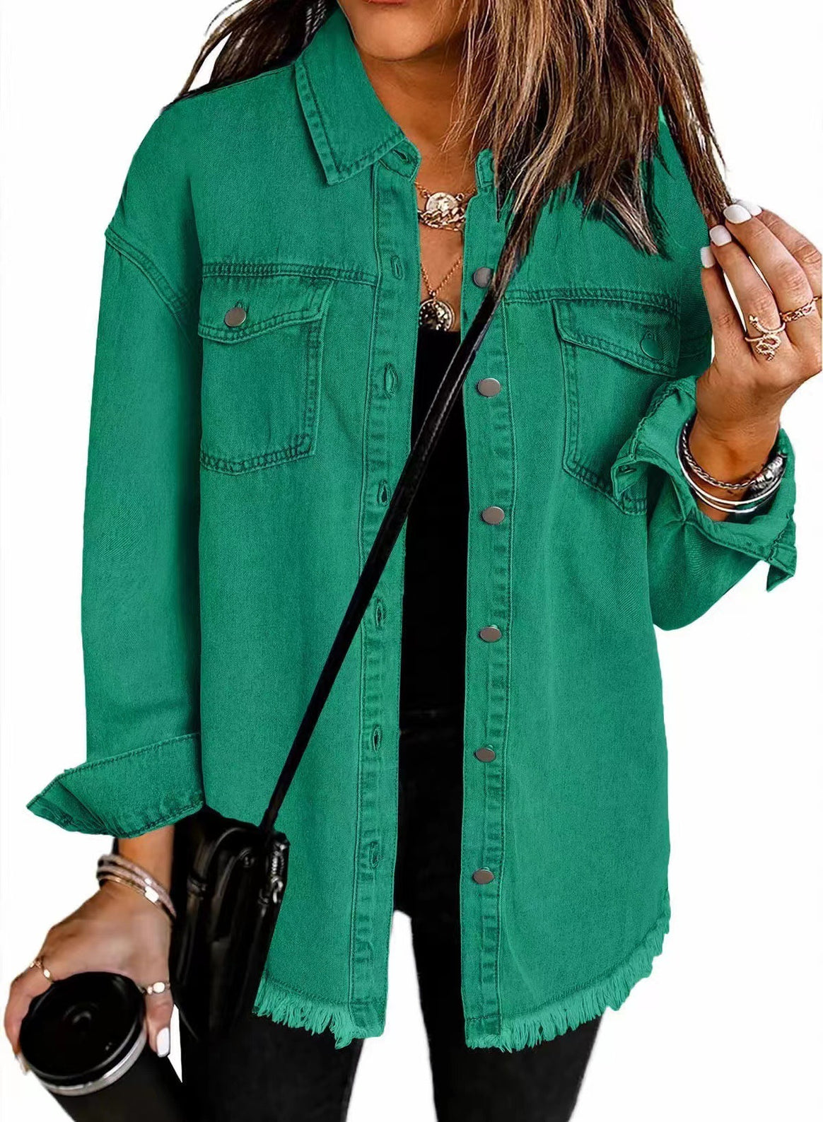 Women's Oversized Denim Shirt Jacket with Fringe Hem Mune Fashion