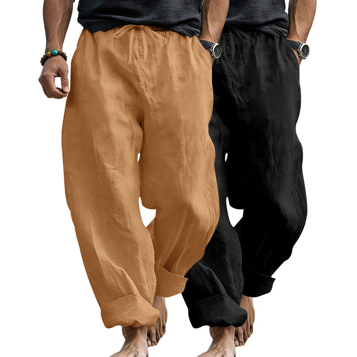Men's Wide Comfort Casual Pants Made of Linen Blend with Drawstring, Side Pockets and Cuffed Mune Fashion