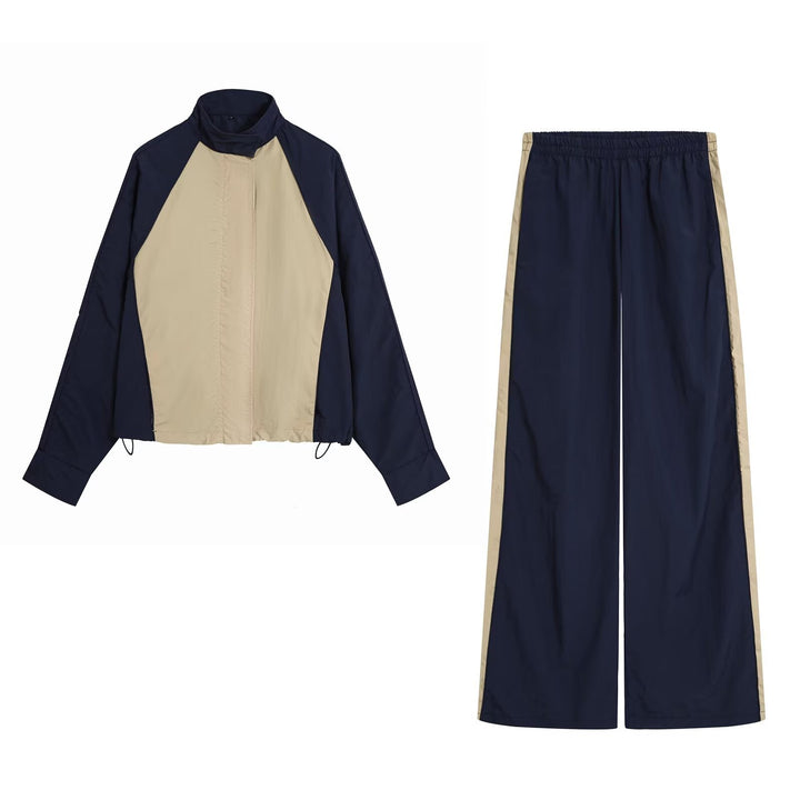Women Two-Piece Sporty Track Set with Windbreaker Jacket and Wide Track Pants Cut Mune Fashion