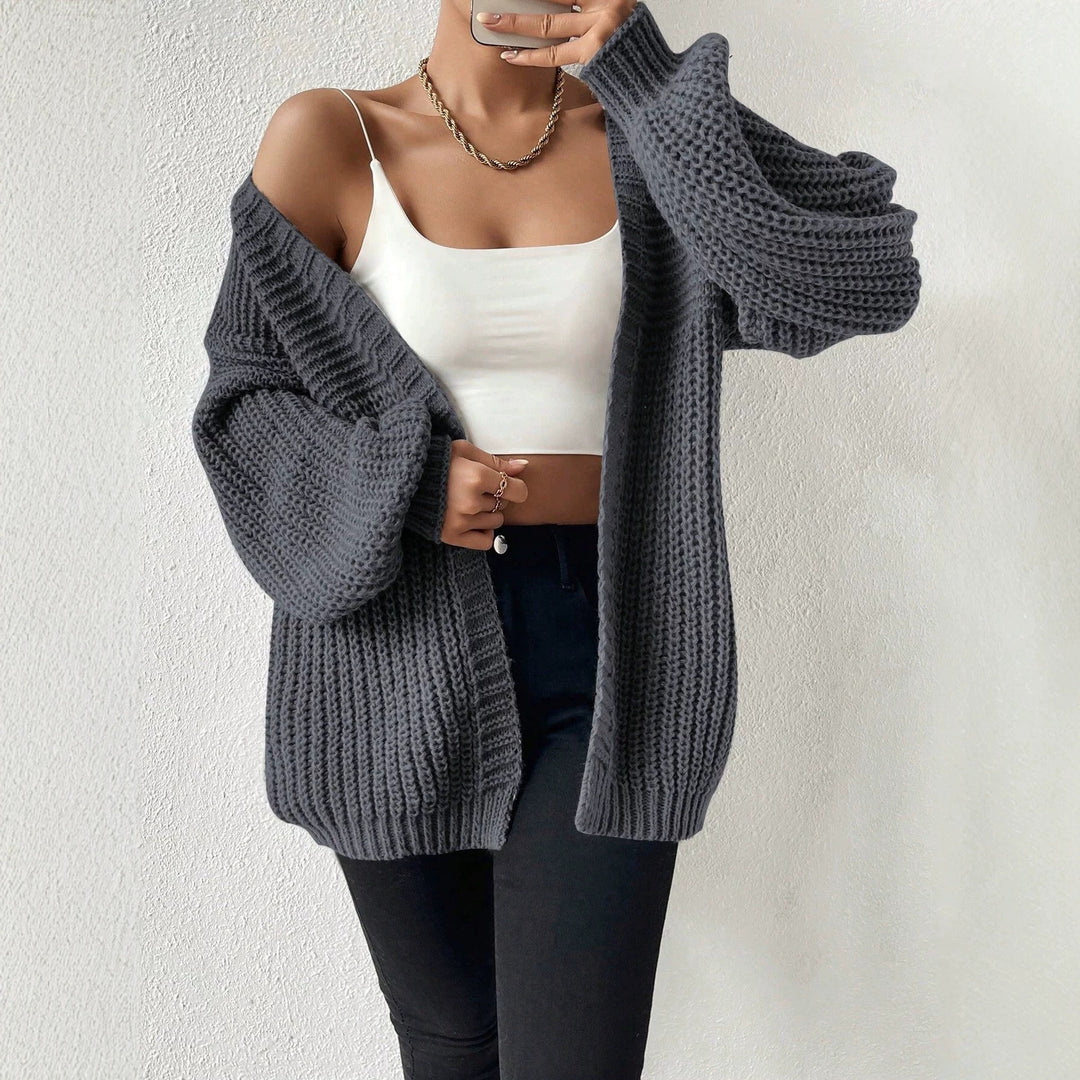 Women's oversized knit cardigan with coarse waffle knit, open front and voluminous balloon sleeves Mune Fashion