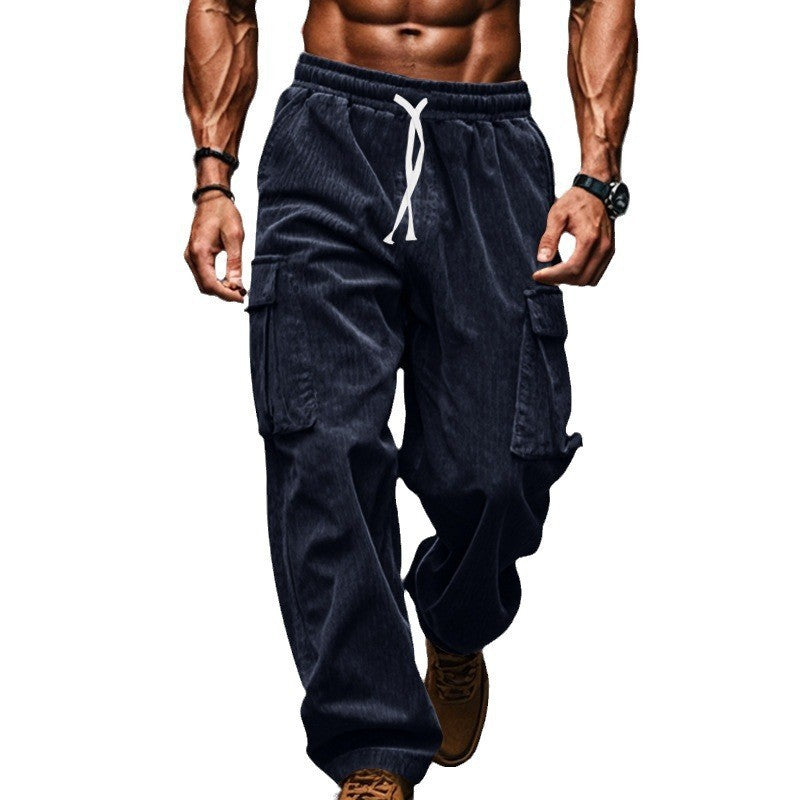 Men's loose corduroy cargo pants with elastic drawstring waistband, patch flap pockets, and relaxed silhouette Mune Fashion