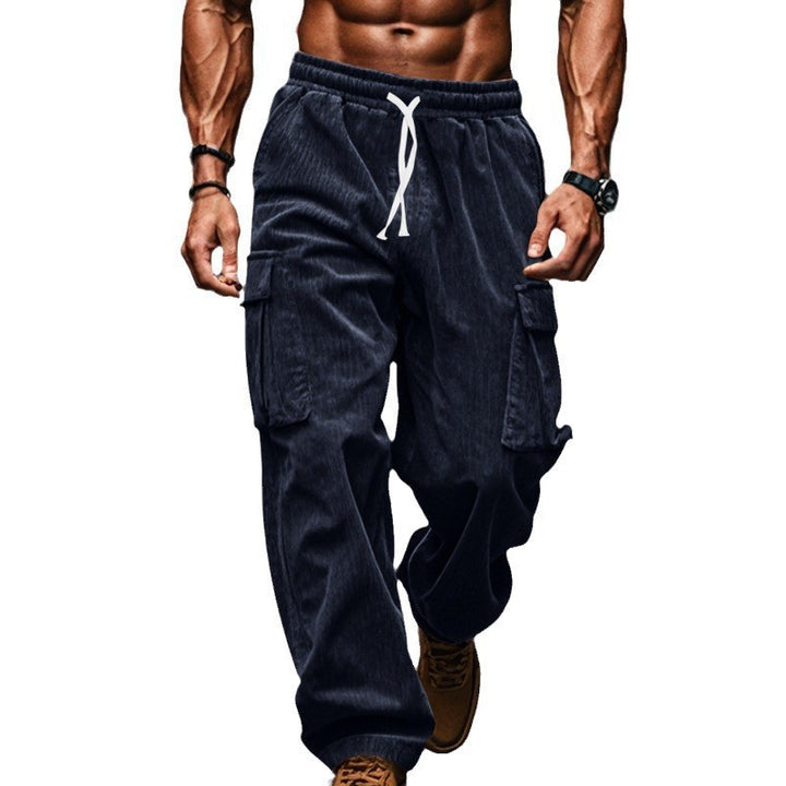 Men's loose corduroy cargo pants with elastic drawstring waistband, patch flap pockets, and relaxed silhouette Mune Fashion