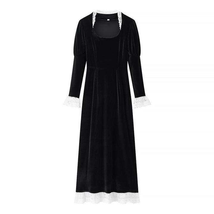 Women’s maxi dress made of velvet with square neckline, puff sleeves, and lace trim Mune Fashion