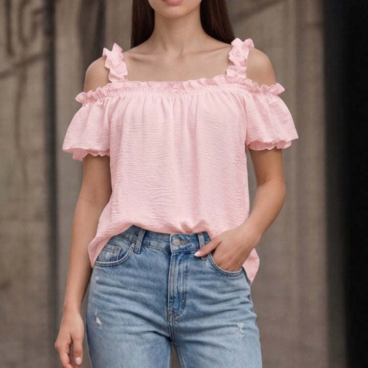 Women's Off-Shoulder Crinkle Top with Smocked Bandeau, Ruffled Straps and Wing Sleeves Mune Fashion