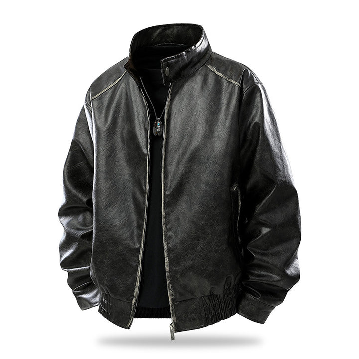 Men's Modern Cut Faux Leather Bomber Jacket with Stand Collar, Zipper and Elastic Hem Mune Fashion