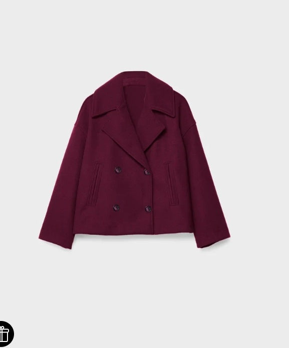 Women’s short cut double-breasted wool blend peacoat with wide lapels and boxy silhouette Mune Fashion