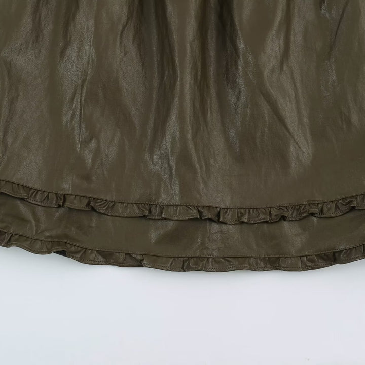 Women’s midi dress made of coated synthetic leather with elastic waistband and double-layered ruffle trim Mune Fashion