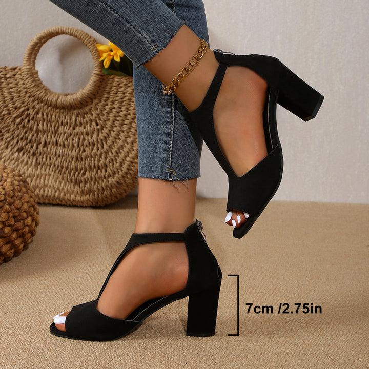 Ladies nan elegant T-strap sandals with comfortable block heel and rear zipper Mune Fashion