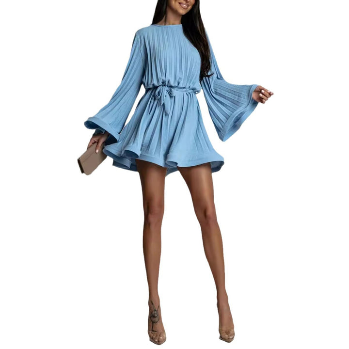 Women Pleated Mini Dress with Wide Bell Sleeves and Waist Belt Mune Fashion