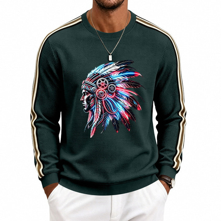 Men's sweatshirt with stylized headgear print and contrast stripes on the sleeves Mune Fashion