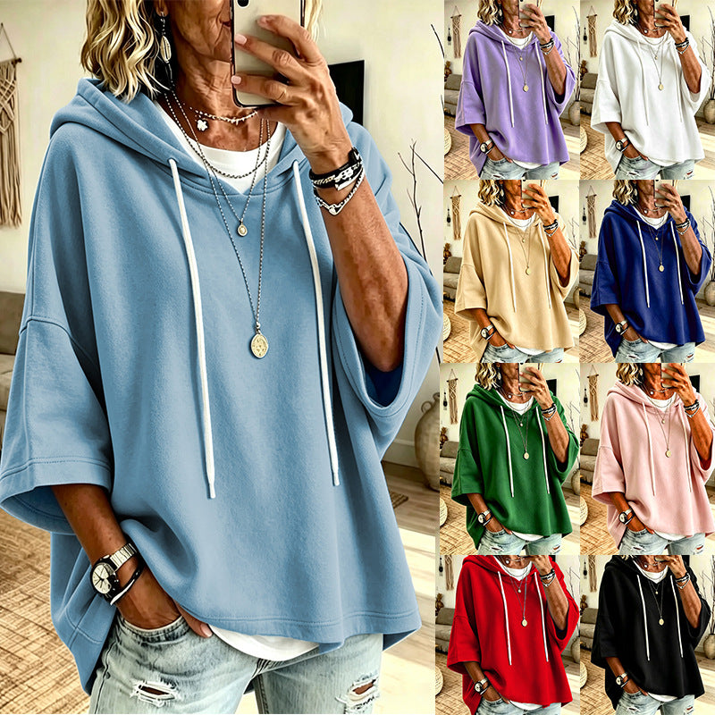 Women's Short Sleeve Oversized Hoodie with Hood and Contrast Drawstring Mune Fashion