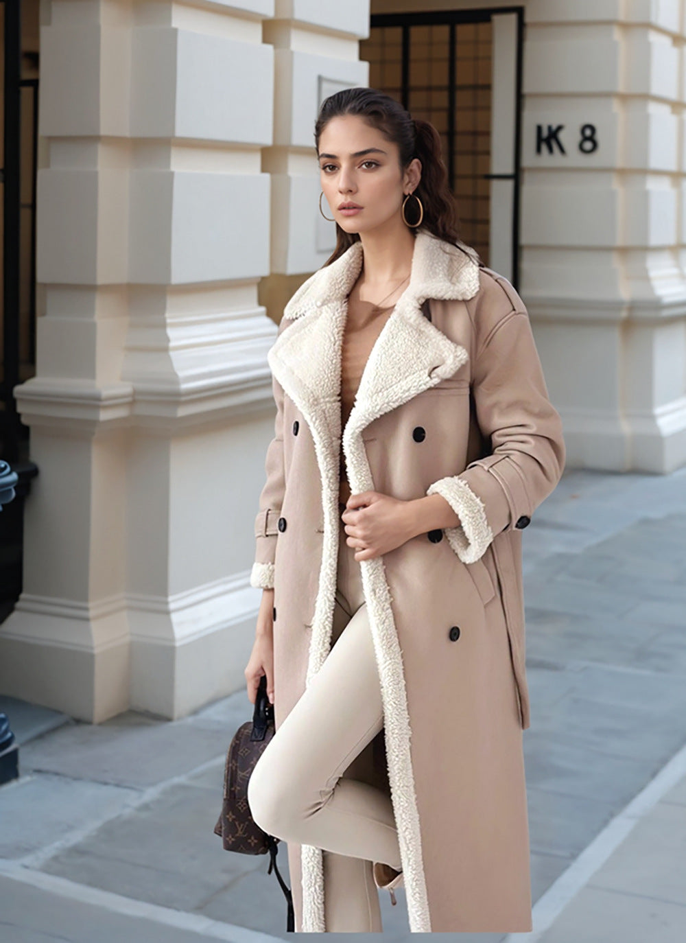 Women's Long Coat with Teddy Lining, Double-Breasted Button Placket and Tailored Fit Mune Fashion