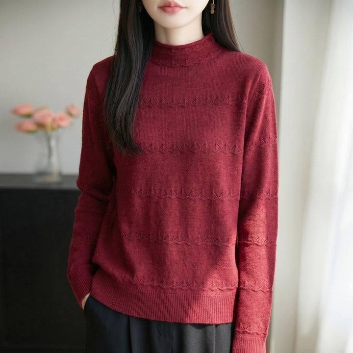 Women's lightweight lace-knit pullover with short stand-up collar and fine ribbed hem Mune Fashion