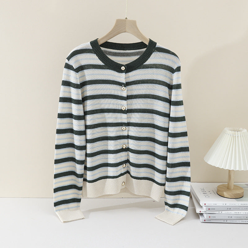Women Lightweight Striped Cardigan made of Cotton Blend with Pearl Snap Buttons and Ribbed Cuffs Mune Fashion