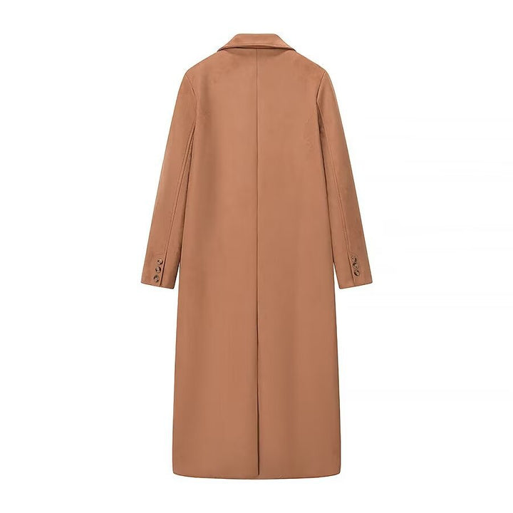 Women's longer tailored double-breasted coat with shawl collar, flap pockets and light thermal lining Mune Fashion
