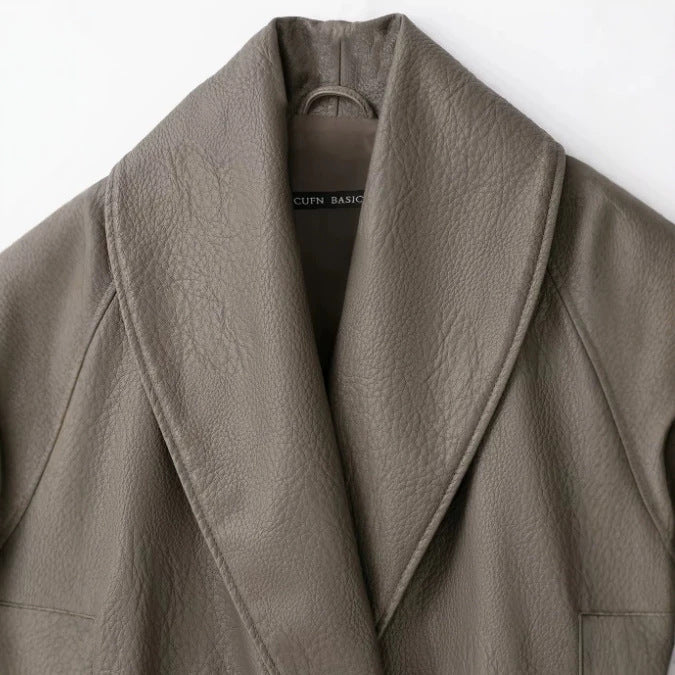 Women's Short Cut Faux Leather Bomber Jacket with Wide Shawl Collar Mune Fashion