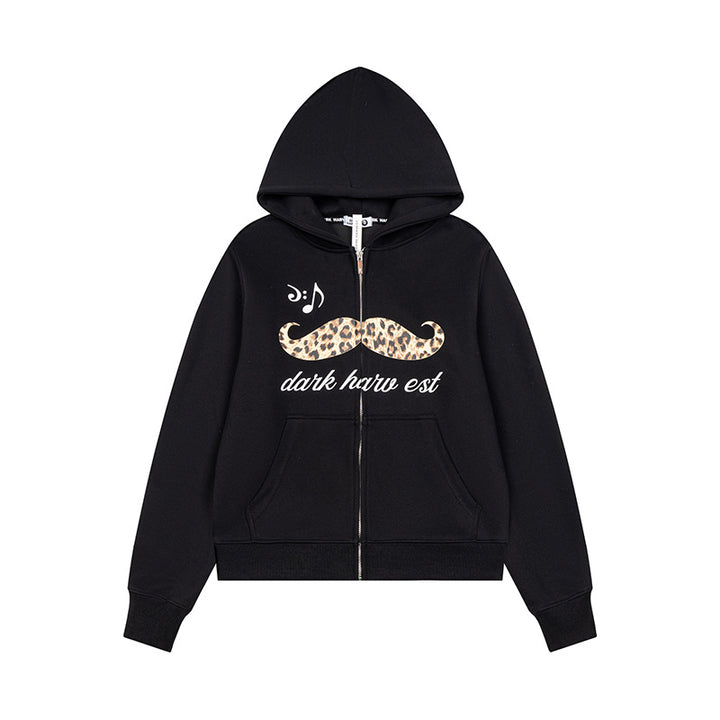 Women's hooded sweatshirt jacket with full zip, kangaroo pockets and playful leopard mustache print Mune Fashion