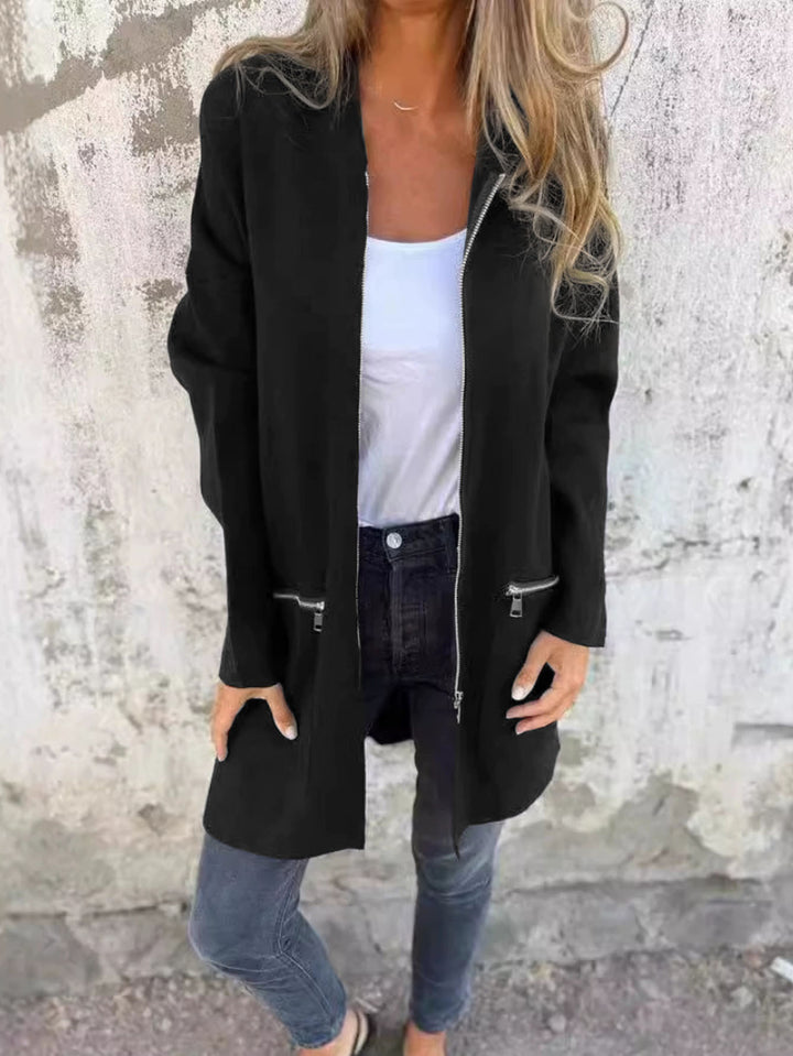 Women Longline Oversize Jacket with Full Zip and Zipper Pockets Mune Fashion