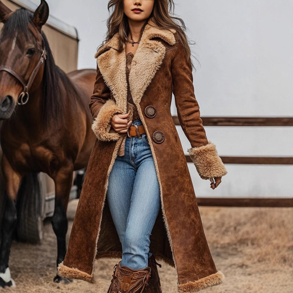Women's long cut velour shearling coat with teddy trim and fitted silhouette Mune Fashion