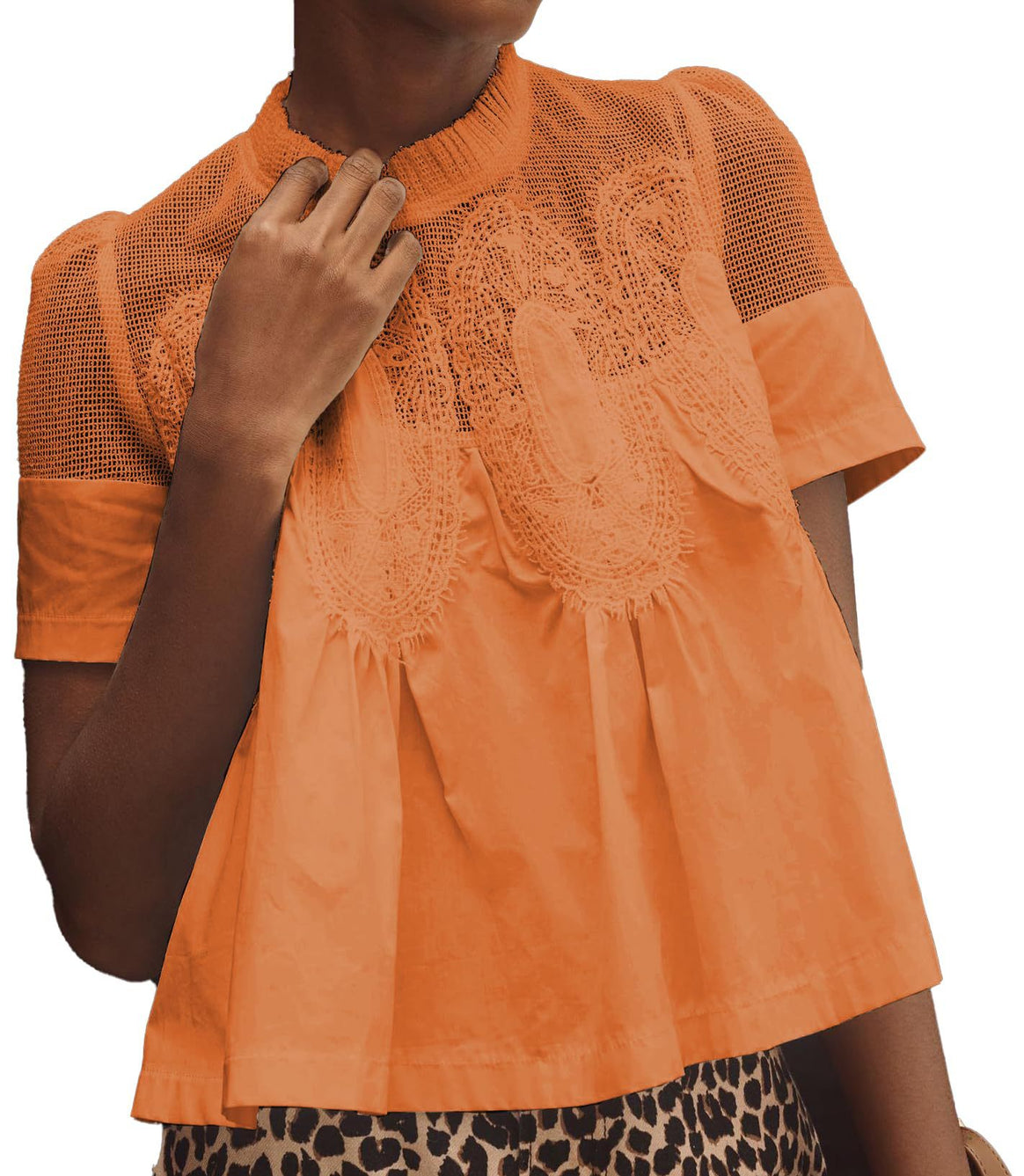 Ladies lace blouse top with stand-up collar, mesh insert and gathered A-line silhouette Mune Fashion