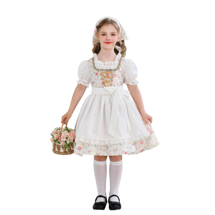 Ladies' traditional Dirndl dress for girls with embroidered apron, ruffle collar, and matching headscarf Mune Fashion