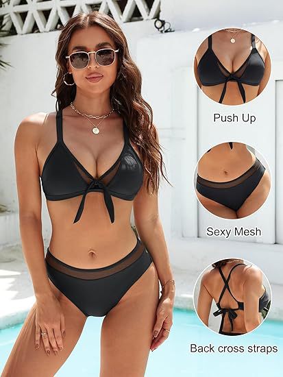 Women's Push-Up Bikini Top with Sexy Mesh and Cross Back Straps Mune Fashion