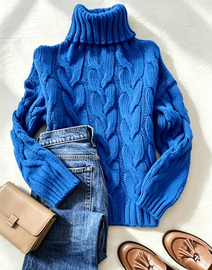 Women's chunky knit turtleneck sweater with distinctive cable patterns and ribbed cuffs Mune Fashion