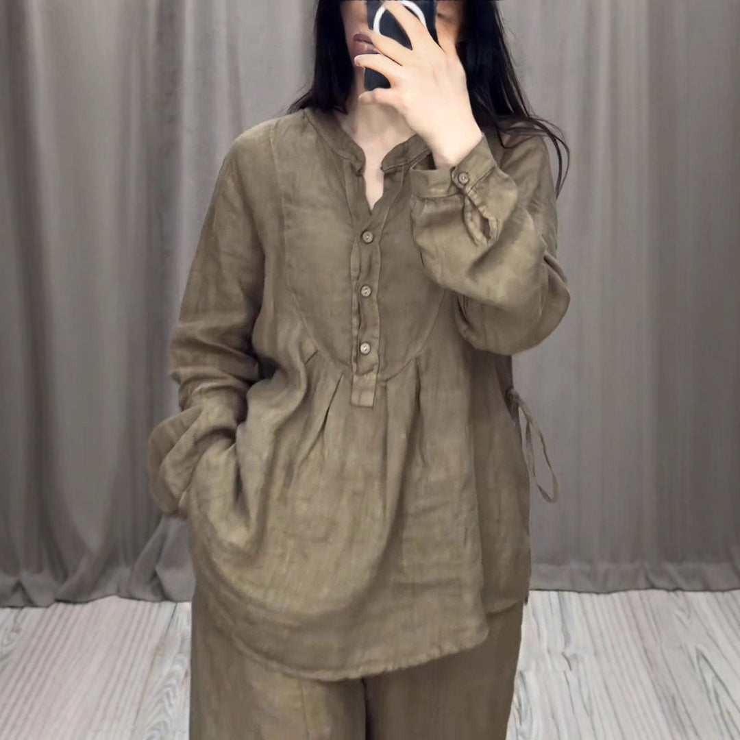 Ladies casual linen set tunic with wide leg, button placket and side pockets Mune Fashion