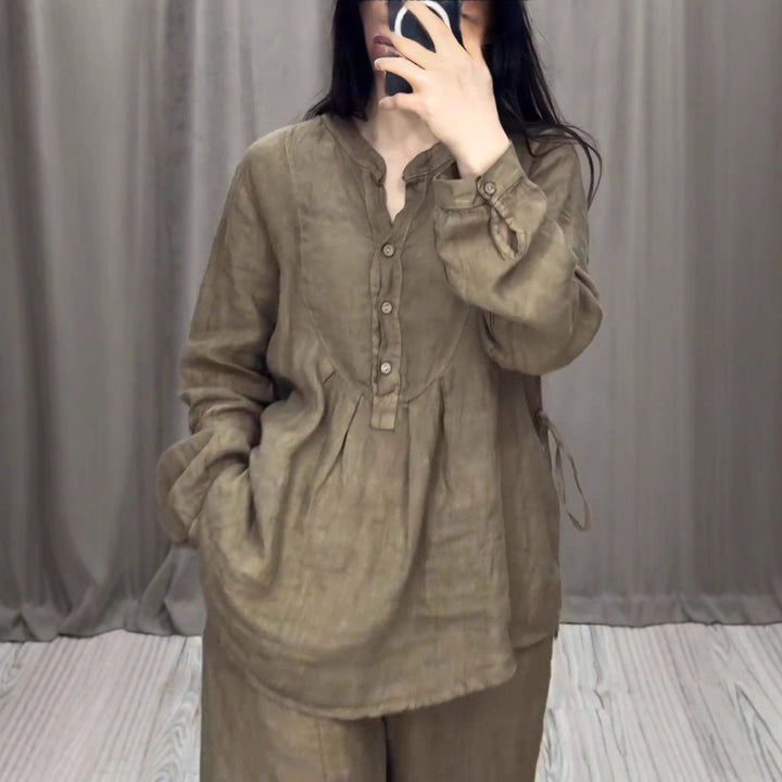Ladies casual linen set tunic with wide leg, button placket and side pockets Mune Fashion