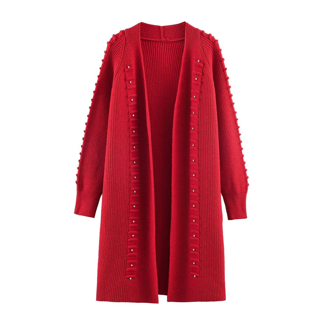 Women Longline Knit Cardigan with Bead and Ruffle Detail Open Front Mune Fashion