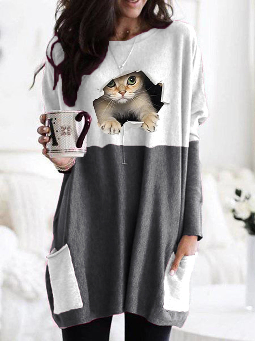Women Longer Colorblock Knit Sweater with Cat Motif and Patch Pockets Mune Fashion