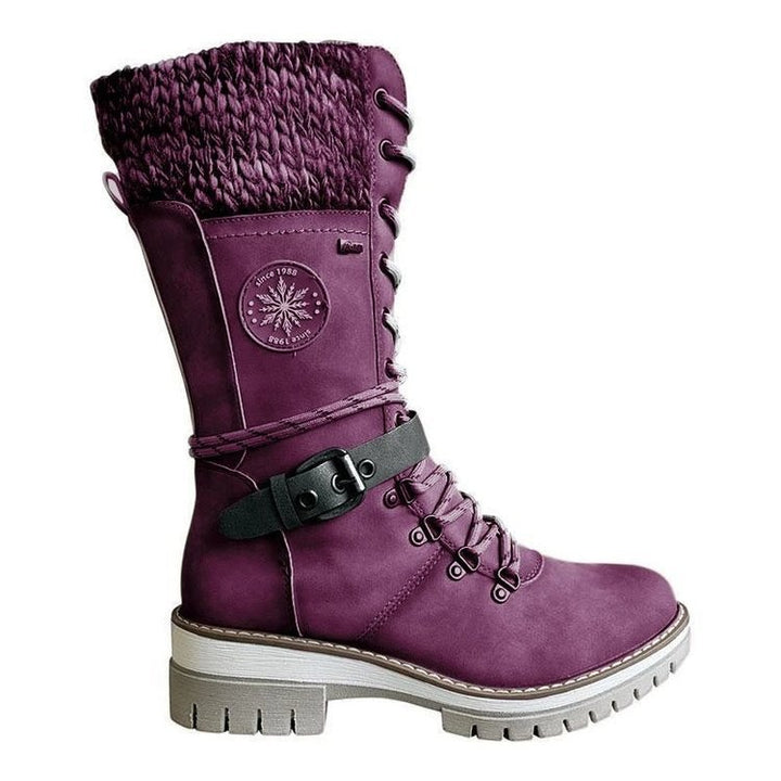 Women's knee-high lace-up boots with knit cuffs, sturdy tread sole, and side zipper Mune Fashion