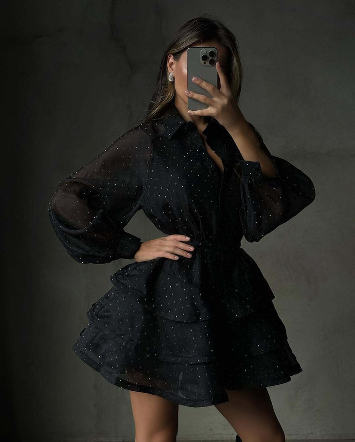 Women Transparent Ruffle Mini Dress with Shirt Collar, Balloon Sleeves and Waist Belt Mune Fashion